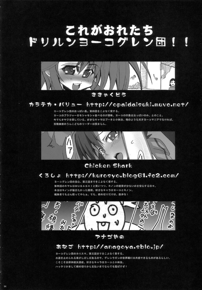 (C70) [Anagoya, Chicken Shark, Kikyakudou (Anago, Karateka-VALUE, Kurosyo)] SOREYUKE! TENGENTOPPA DORIRUN YOKO (Tengen Toppa Gurren Lagann) page 4 preview